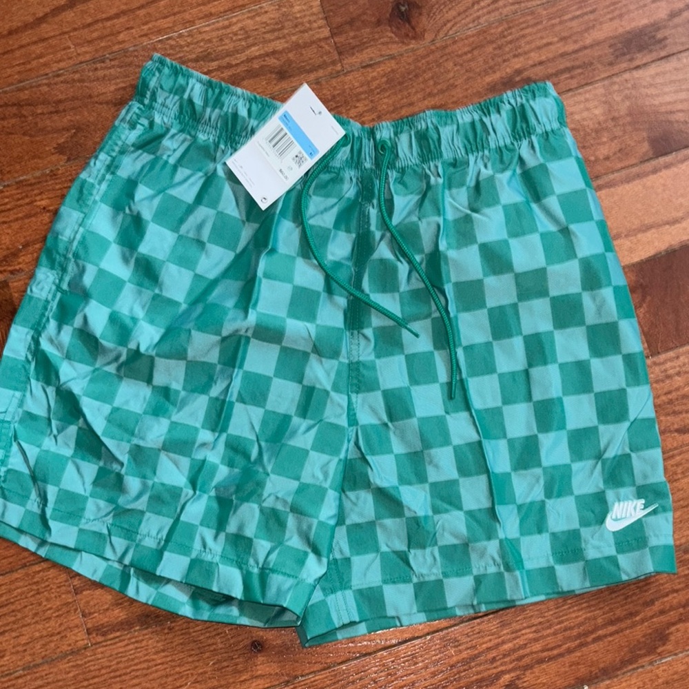 Nike Green Athletic Shorts with Checkered Pattern